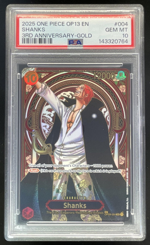 2025 One Piece OP13 #004 Shanks 3rd Anniversary Gold PSA 10