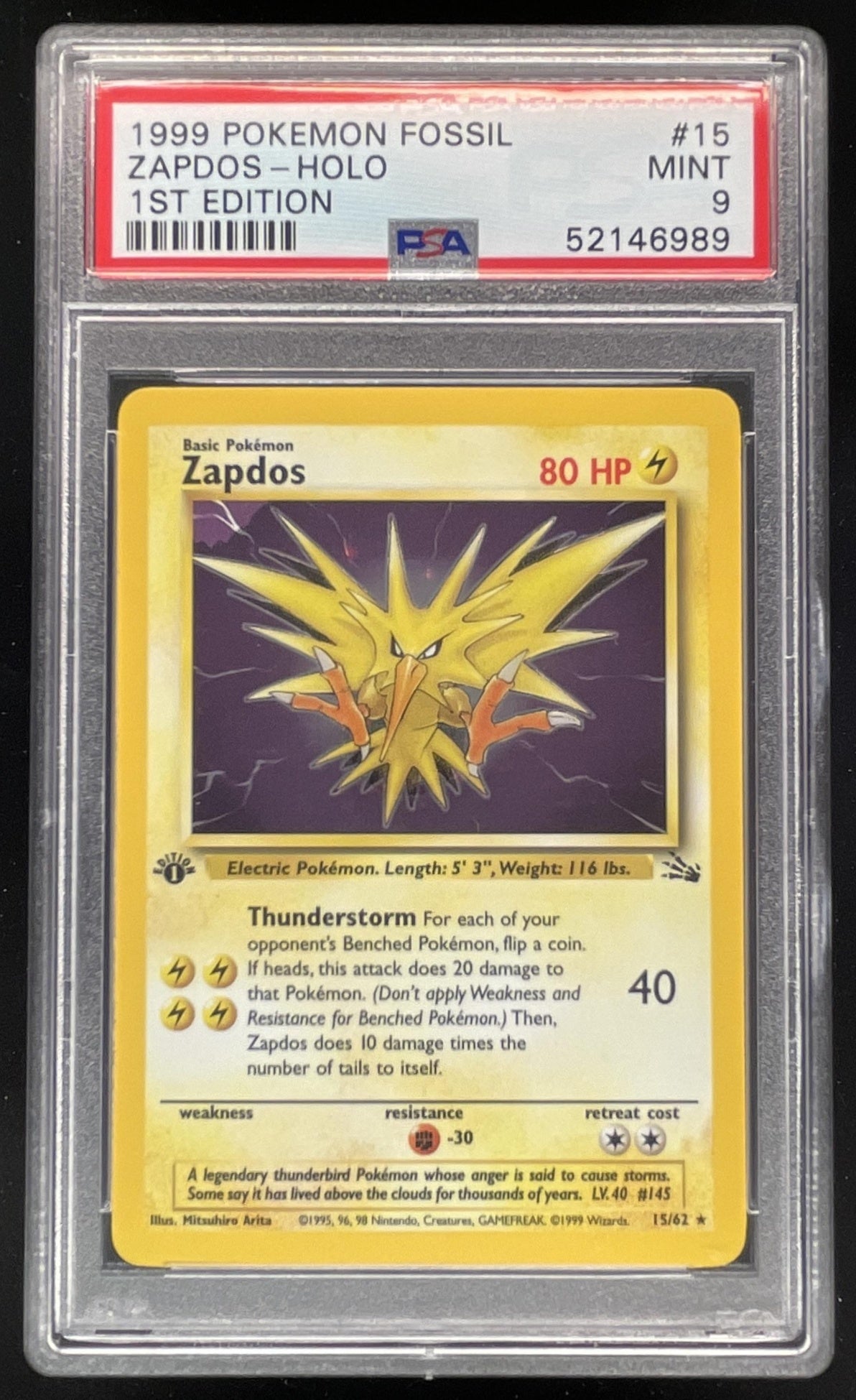 1999 Pokemon Fossil 1st Edition #15/62 Zapdos PSA 9