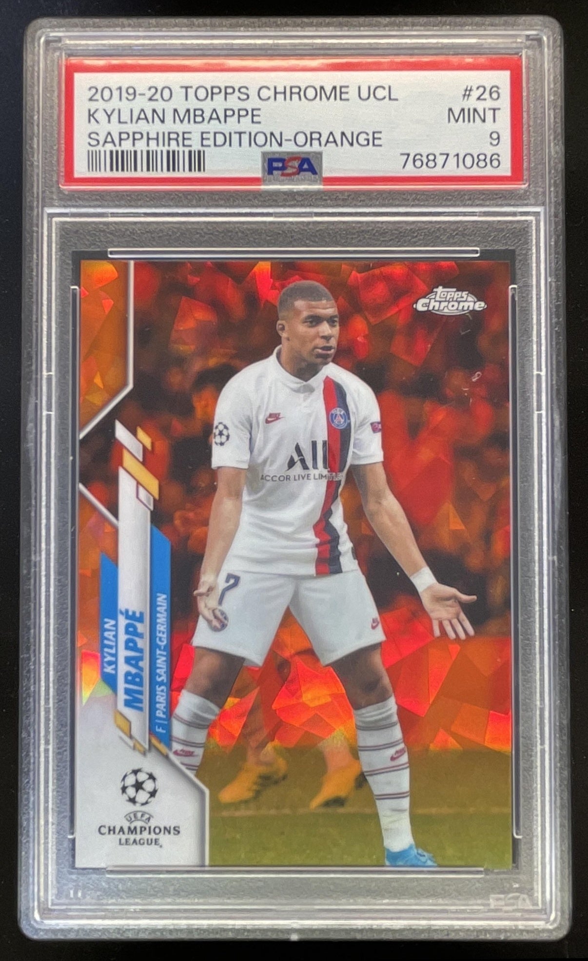 2019 Topps Chrome Sapphire Orange #26 Kylian Mbappe /50 PSA 9
