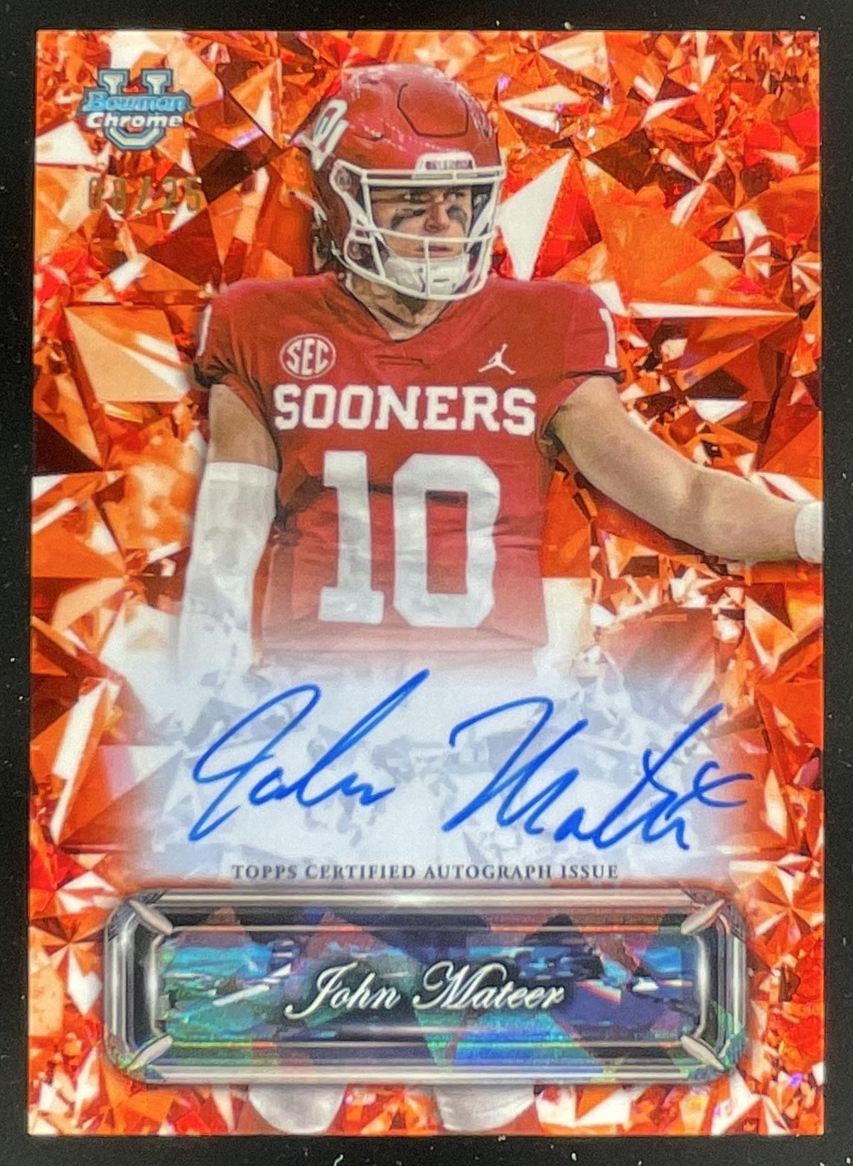 2025 Bowman Chrome University Sapphire Selections Orange John Mateer Auto /25