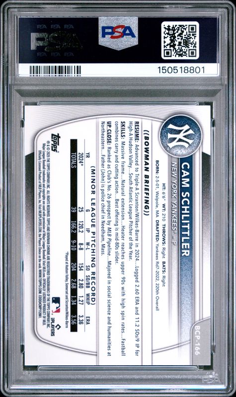 2025 Bowman Chrome Prospects Cam Schlittler #BCP166 Speckle Refractor PSA 10