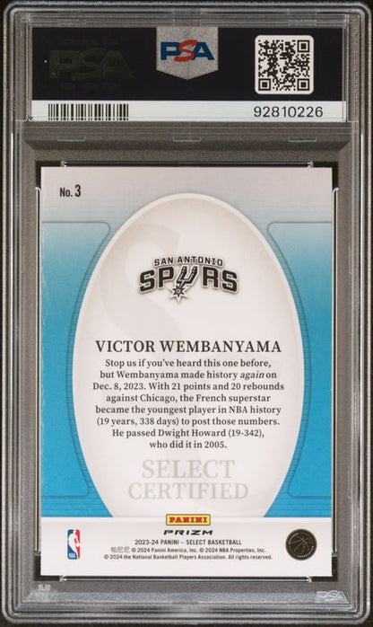 2023 Panini Select Select Certified Victor Wembanyama #3 Green Prizm PSA 10