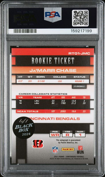 2024 Panini Black Box JA'Marr Chase #RT01JMC 2021 Contenders 2001 Rookie Ticket Autograph PSA 8