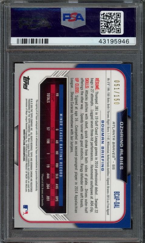 2015 Bowman Prospect Autograph Ozhaino Albies #OAL Chrome-Blue Refractor PSA 10