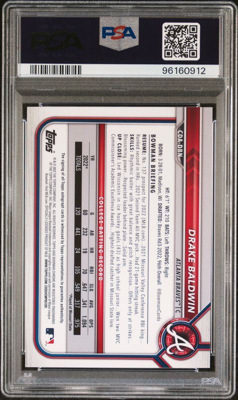 2022 Bowman Draft Chrome Draft Pick Autographs Drake Baldwin #CDADBN Purple Refractor PSA 9