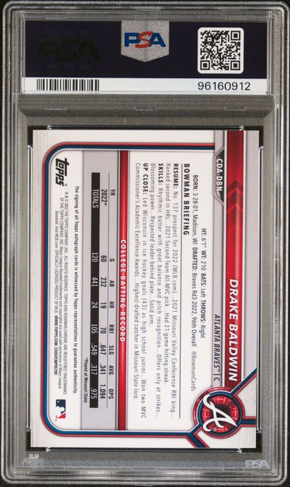 2022 Bowman Draft Chrome Draft Pick Autographs Drake Baldwin #CDADBN Purple Refractor PSA 9