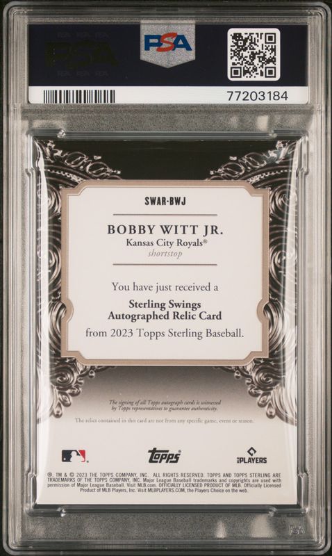 2023 Topps Sterling Sterling Swings Autograph Relics Bobby Witt Jr. #SWARBWJ Blue PSA 9