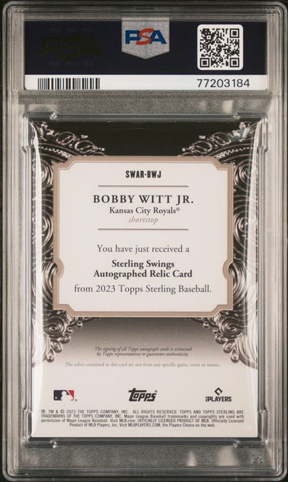 2023 Topps Sterling Sterling Swings Autograph Relics Bobby Witt Jr. #SWARBWJ Blue PSA 9