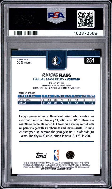 2025 Topps Chrome Cooper Flagg #251 PSA 10