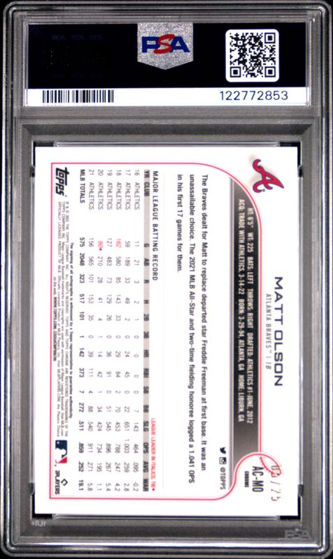 2022 Topps Chrome Update Autographs Matt Olson #ACMO Orange Refractor PSA 10