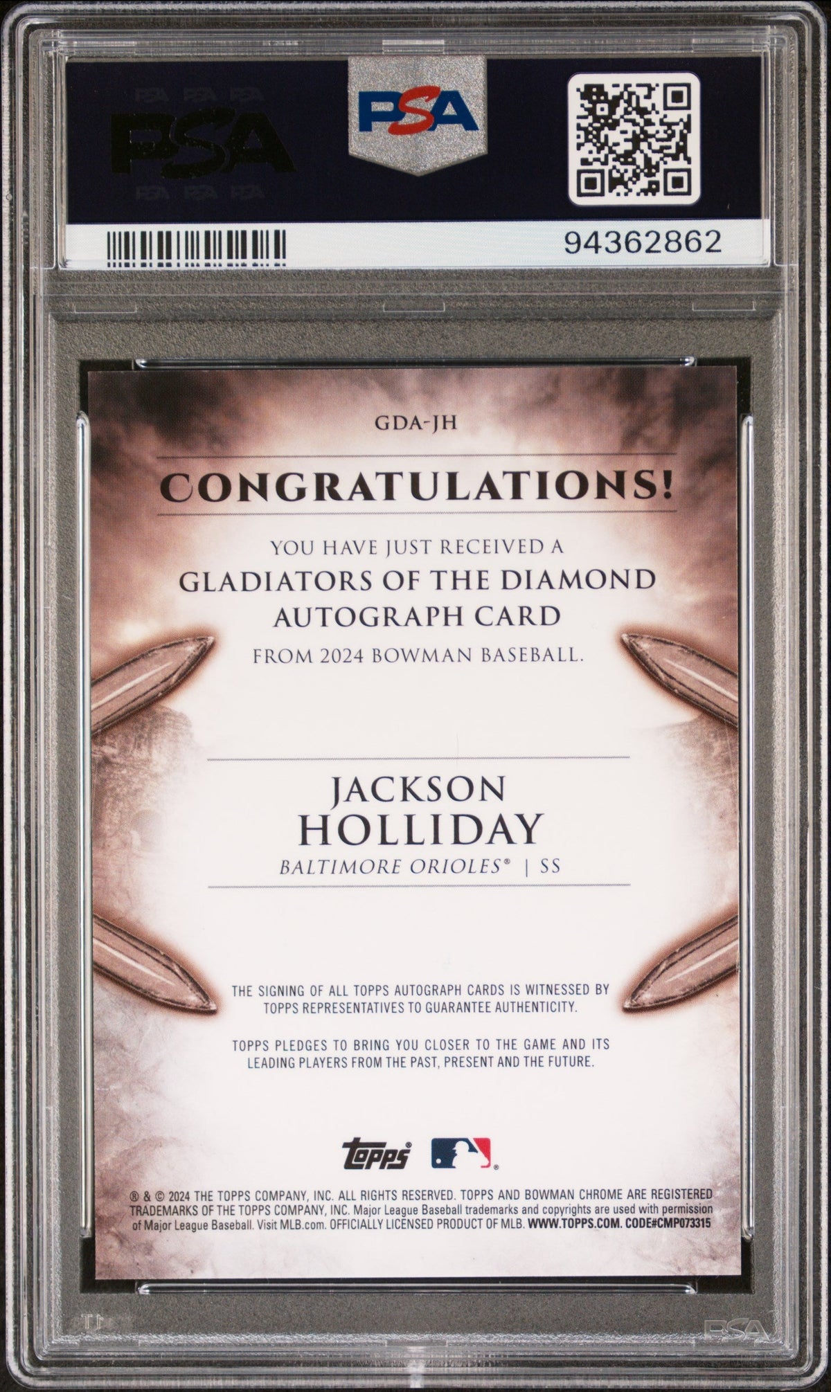 2024 Bowman Gladiators Of The Diamond Autographs Jackson Holliday #GDAJH /99 PSA 10