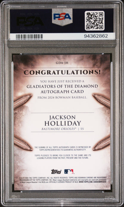 2024 Bowman Gladiators Of The Diamond Autographs Jackson Holliday #GDAJH /99 PSA 10