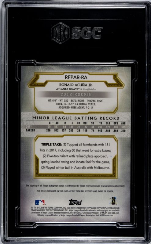 2018 Topps Triple Threads Ronald Acuna Jr. #RFPAR-RA Rookies & Future Phenoms Auto. Relics Emerald /50 SGC 9.5