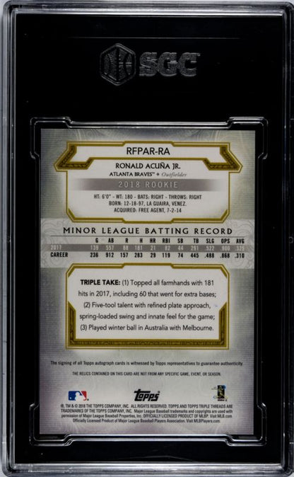 2018 Topps Triple Threads Ronald Acuna Jr. #RFPAR-RA Rookies & Future Phenoms Auto. Relics Emerald /50 SGC 9.5