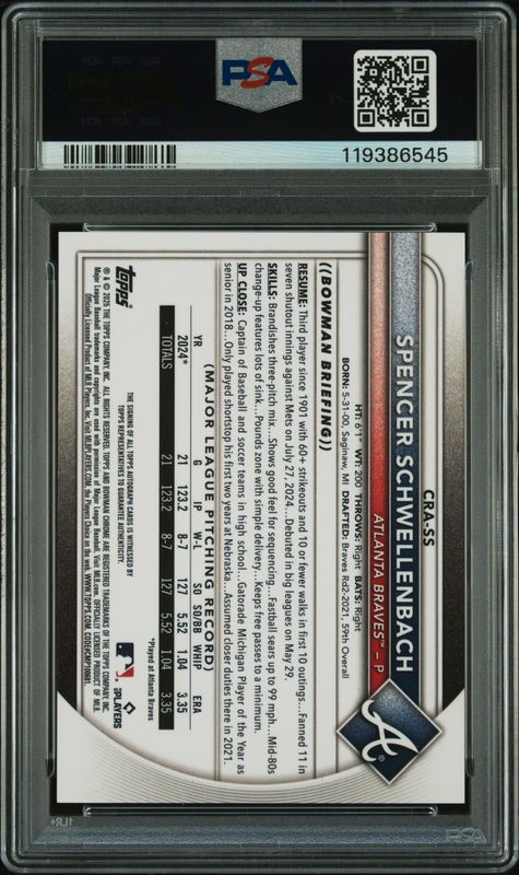 2025 Bowman Chrome Rookie Autographs Spencer Schwellenbach #CRASS Orange Refractor PSA 10