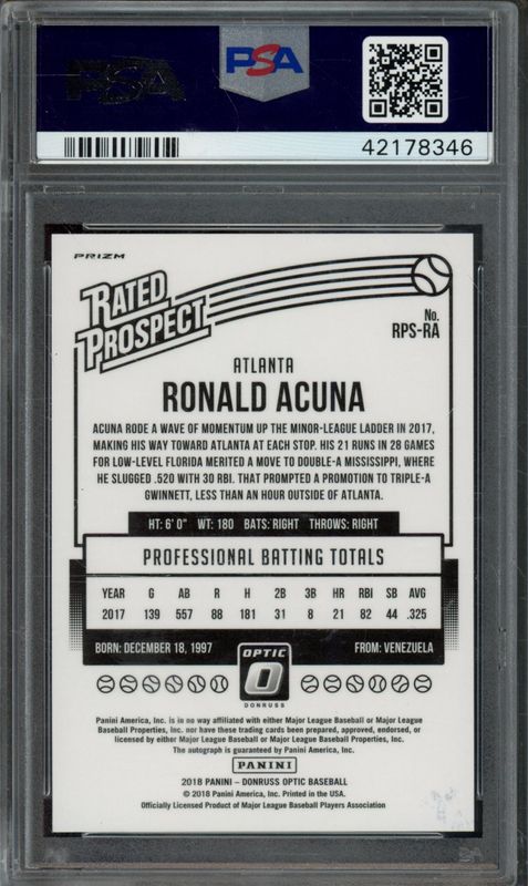 2018 Panini Donruss Optic Rated Prospect Signatures Ronald Acuna #RA Holo PSA 10