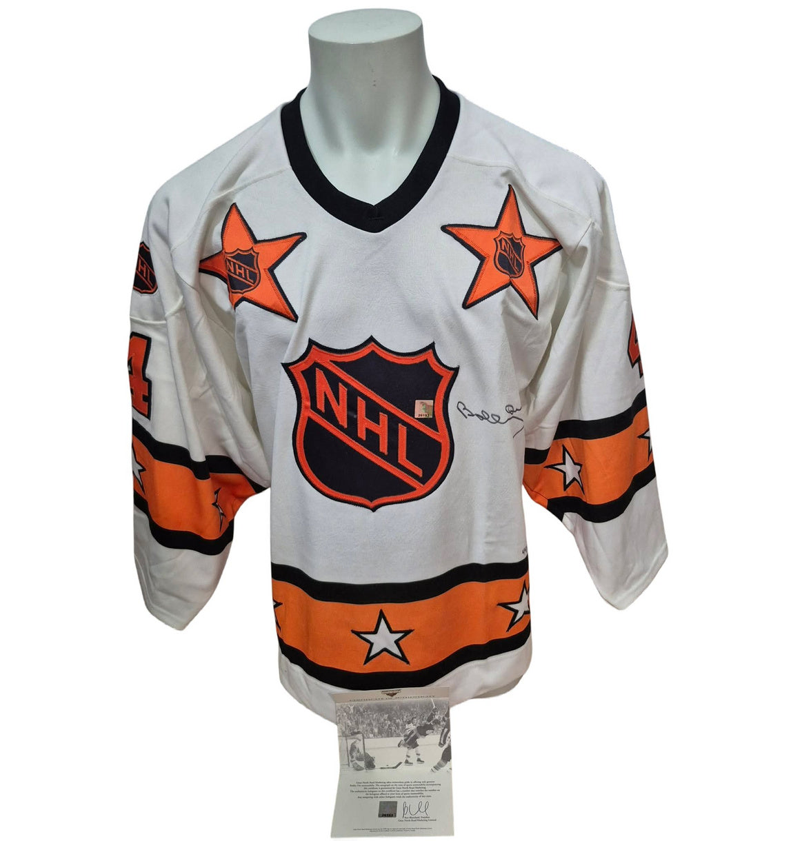Chandail personnalisé GNR signé - Bobby Orr blanc 1971-72 signé sur le devant É/144 COA GNR