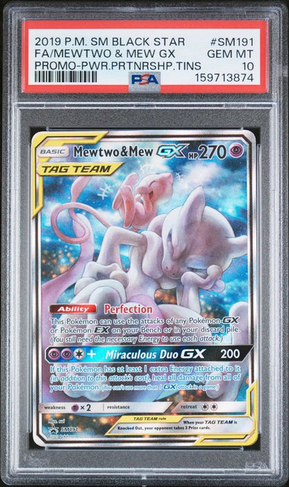 2019 Pokemon SM Black Star Promo Full Art/Mewtwo & Mew GX #SM191 Power Partnership Tins PSA 10