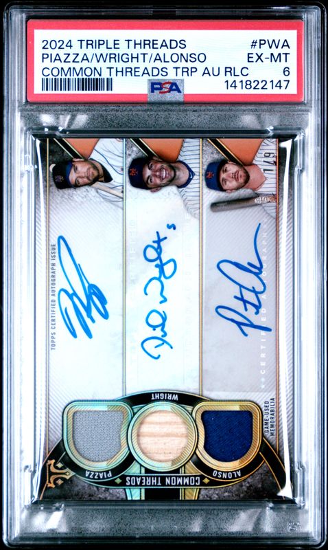 2024 Topps Triple Threads Common Threads Three Player Triple Autograph Relics David Wright/Mike Piazza/Pete Alonso #PWA PSA 6