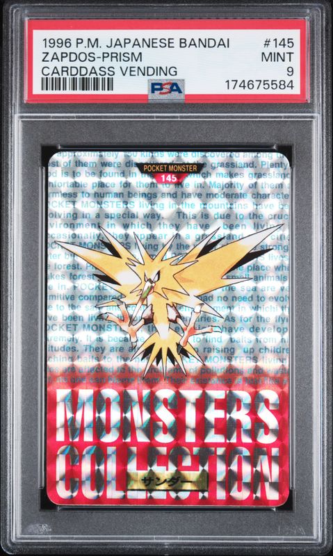 1996 Pokemon Japanese Bandai Carddass Vending Zapdos-Prism #145 PSA 9