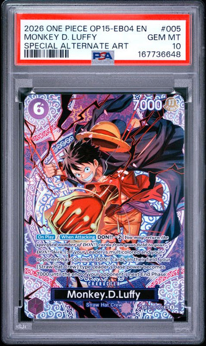 2026 One Piece OP15-EB04-Adventure on Kami's Island Monkey D. Luffy #005 Special Alternate Art PSA 10