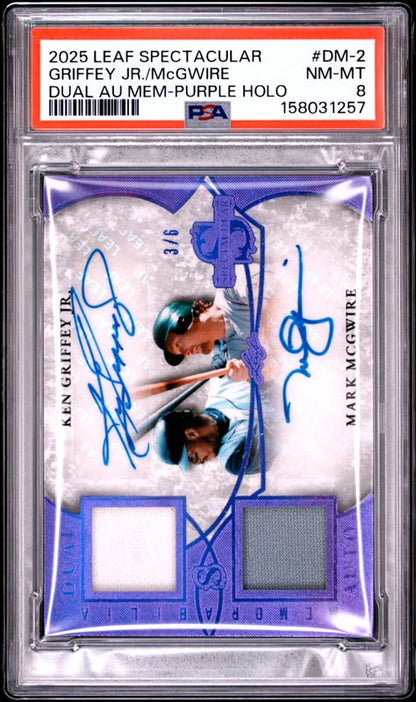 2025 Leaf Spectacular Dual Autograph Memorabilia Ken Griffey Jr./Mark McGwire #DM-2 Purple Holo PSA 8