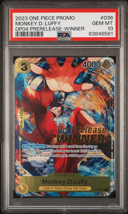 2023 One Piece Promos Monkey D. Luffy #036 Kingdoms of Intrigue Pre-Release-Winner PSA 10