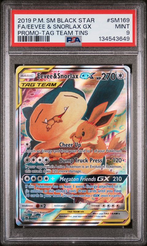 2019 Pokemon SM Black Star Promo Full Art/Eevee & Snorlax GX #SM169 Tag Team Tins PSA 9