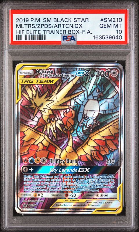 2019 Pokemon SM Black Star Promo Full Art/Moltres & Zapdos & Articuno GX #SM210 Hidden Fates Elite Trainer Box PSA 10