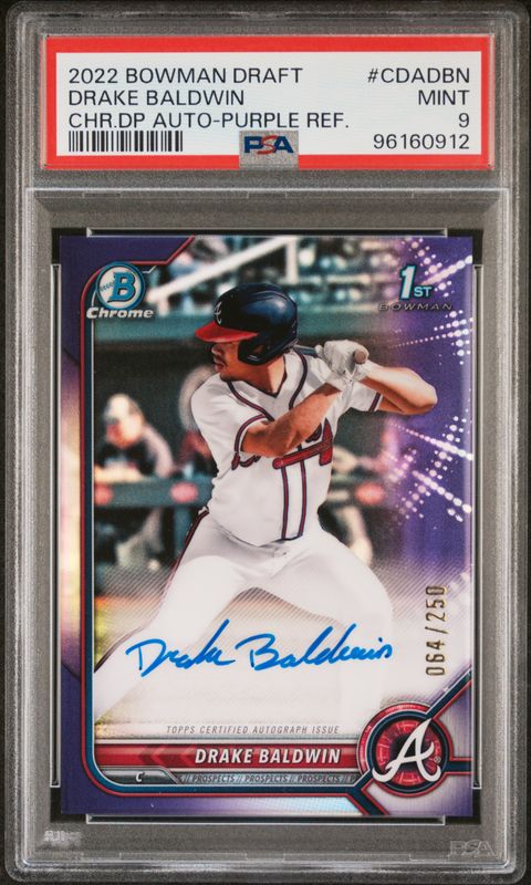2022 Bowman Draft Chrome Draft Pick Autographs Drake Baldwin #CDADBN Purple Refractor PSA 9