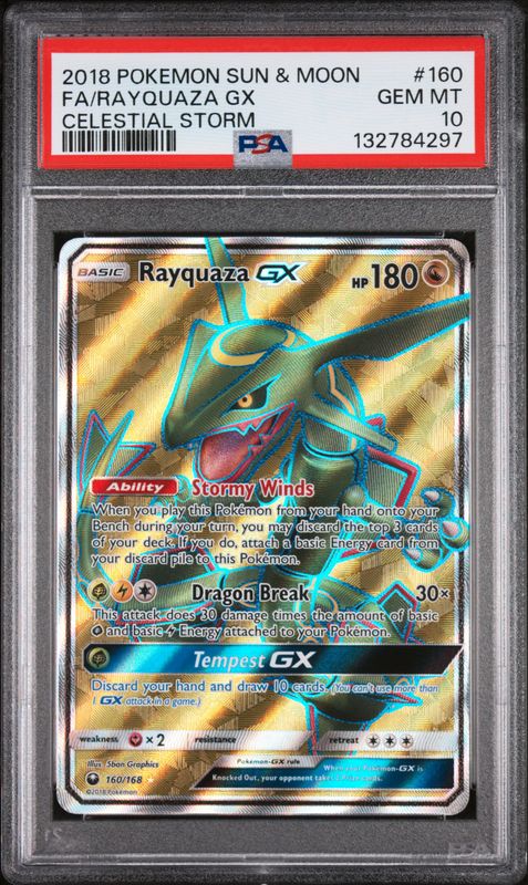 2018 Pokemon Sun & Moon Celestial Storm Full Art/Rayquaza GX #160 PSA 10
