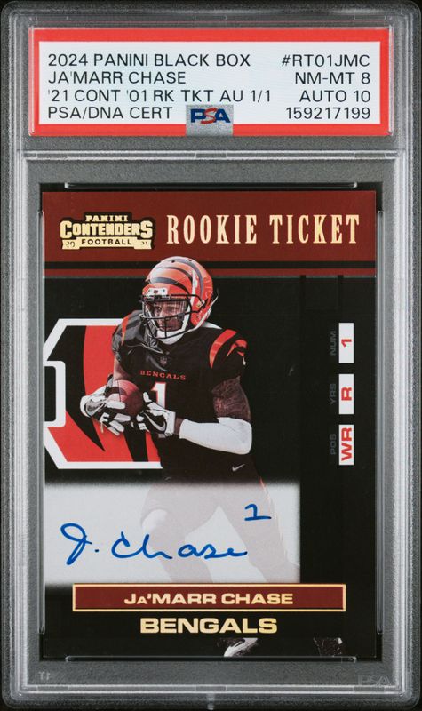 2024 Panini Black Box JA'Marr Chase #RT01JMC 2021 Contenders 2001 Rookie Ticket Autograph PSA 8