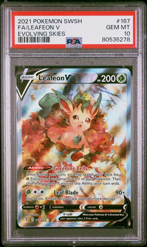 2021 Pokemon Sword & Shield Evolving Skies Full Art/Leafeon V #167 PSA 10