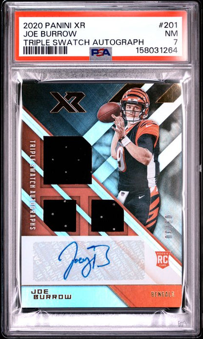 2020 Panini XR Joe Burrow #201 Triple Swatch Autograph PSA 7