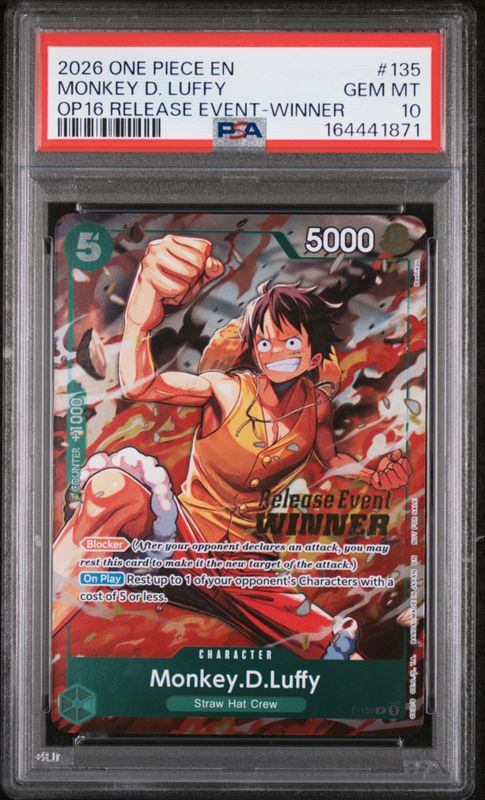 2026 One Piece Promos Monkey D. Luffy #135 The Time of Battle Release Event-Winner PSA 10