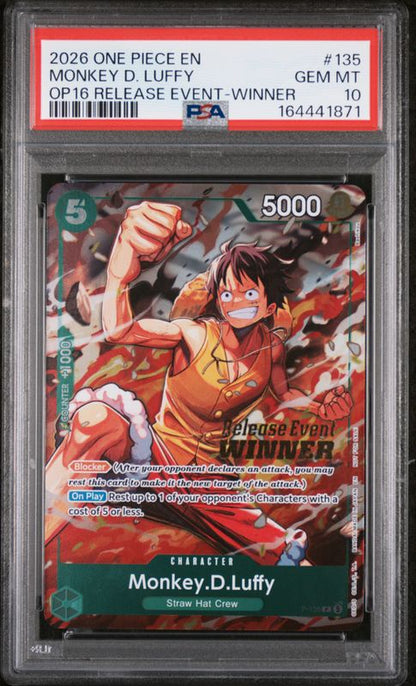 2026 One Piece Promos Monkey D. Luffy #135 The Time of Battle Release Event-Winner PSA 10