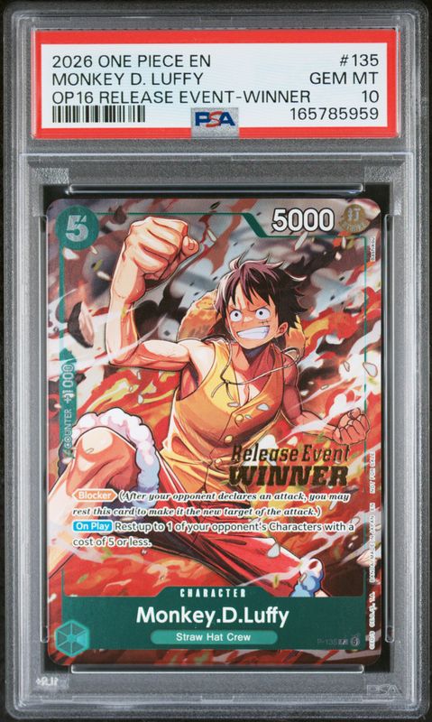 2026 One Piece Promos Monkey D. Luffy #135 The Time of Battle Release Event-Winner PSA 10