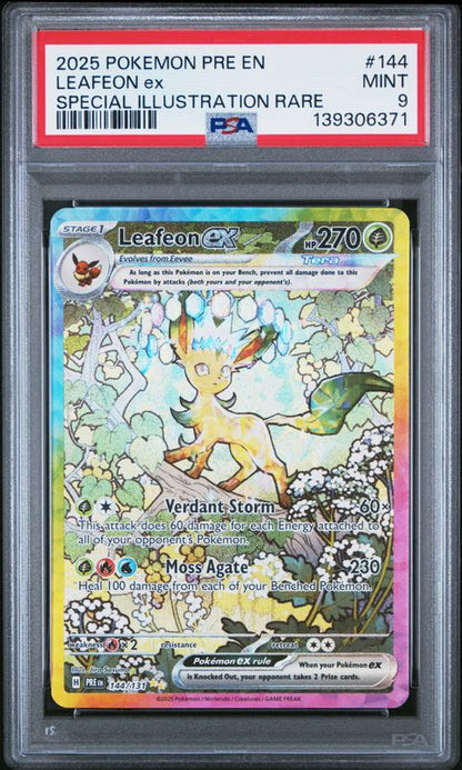 2025 Pokemon Pre EN-Prismatic Evolutions Leafeon EX #144 Special Illustration Rare PSA 9