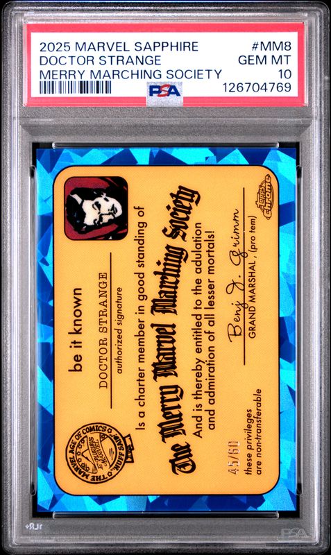 2025 Topps Chrome Marvel Sapphire Edition the Merry Marvel Marching Society Doctor Strange #MM8 PSA 10