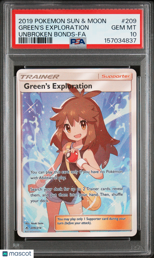 2019 Pokemon Sun & Moon Unbroken Bonds Green's Exploration #209 Unbroken Bonds-Fa PSA 10