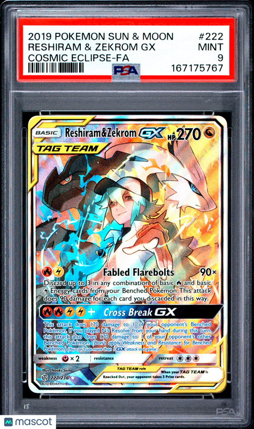 2019 Pokemon Sun & Moon Cosmic Eclipse Reshiram & Zekrom GX #222 Cosmic Eclipse-Fa PSA 9