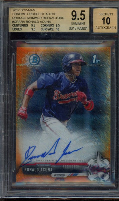 2017 BOWMAN CHROME RONALD ACUNA JR ORANGE SHIMMER AUTO BGS 9.5 AUTO 10
