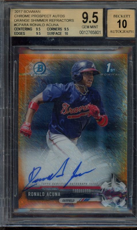 2017 BOWMAN CHROME RONALD ACUNA JR ORANGE SHIMMER AUTO BGS 9.5 AUTO 10