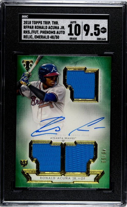 2018 Topps Triple Threads Ronald Acuna Jr. #RFPAR-RA Rookies & Future Phenoms Auto. Relics Emerald /50 SGC 9.5