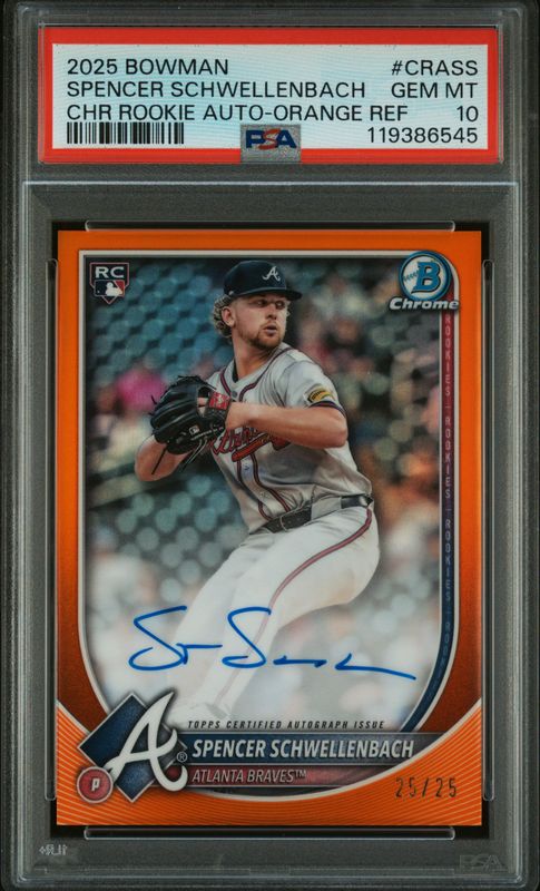 2025 Bowman Chrome Rookie Autographs Spencer Schwellenbach #CRASS Orange Refractor PSA 10