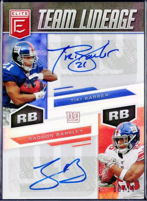 Tiki Barber Saquon Barkley 2020 Donruss Elite Team Lineage Dual Auto SP 10/15