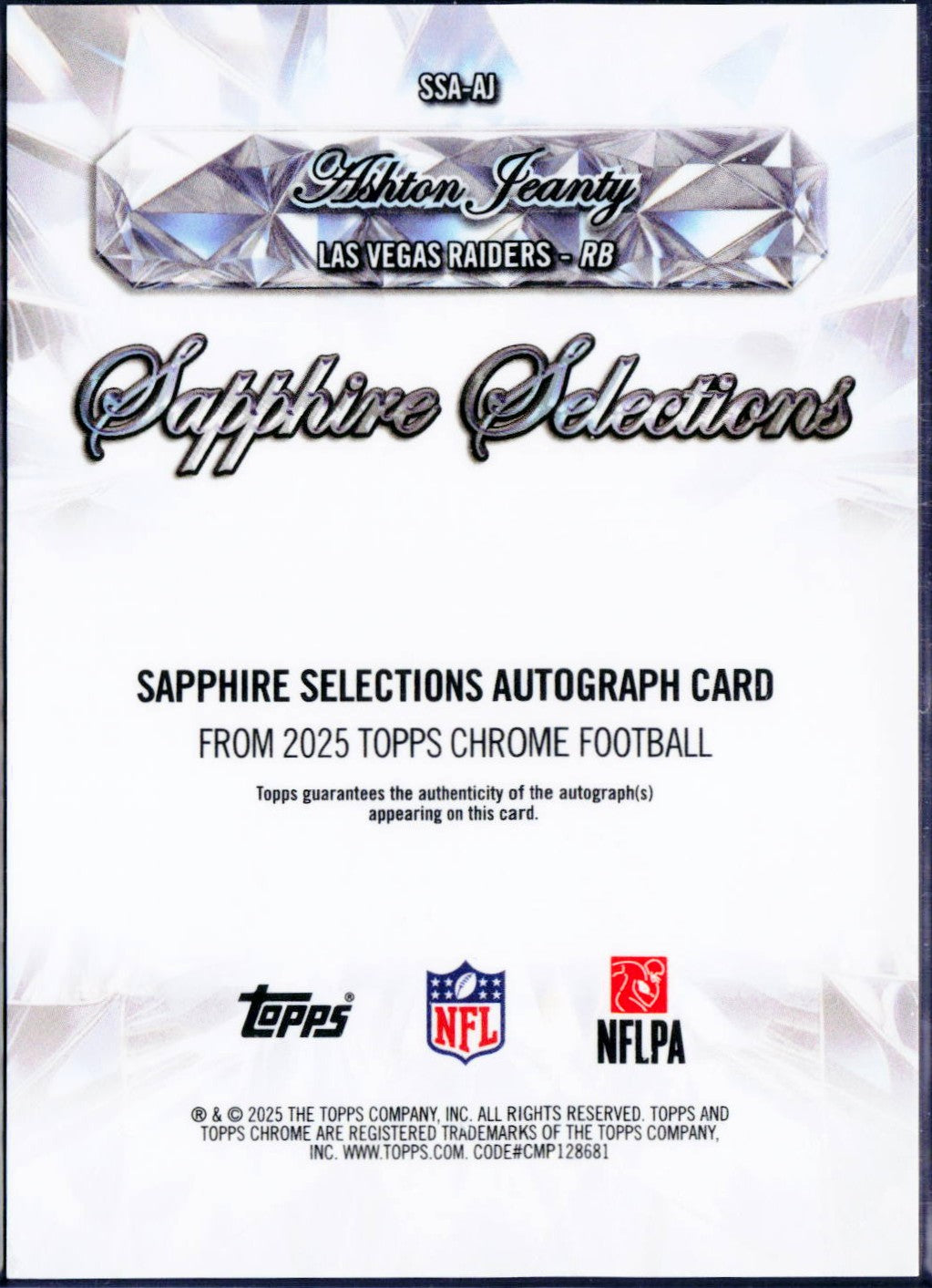Ashton Jeanty RC 2025 Topps Chrome Sapphire Selections Rookie Auto
