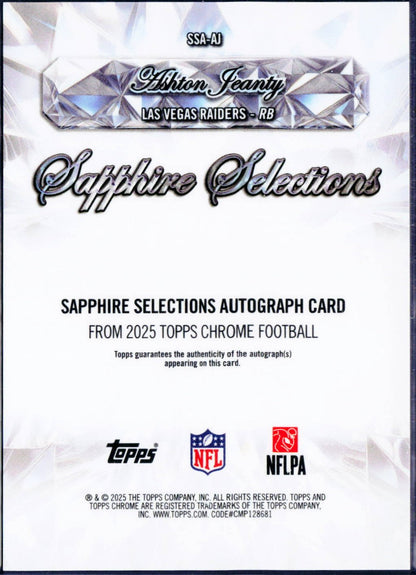 Ashton Jeanty RC 2025 Topps Chrome Sapphire Selections Rookie Auto