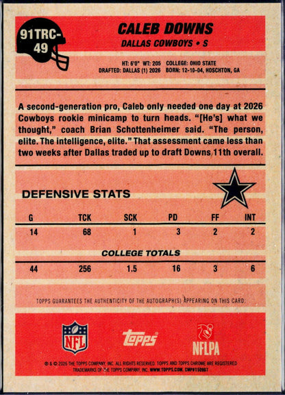 Caleb Downs RC 2026 Topps Silver Pack Chrome 1991 Throwback Rookie Auto