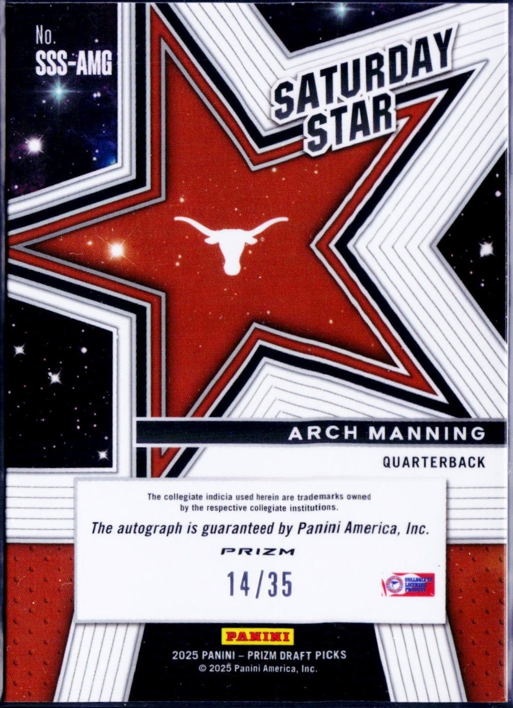 Arch Manning RC 2025 Panini Prizm Draft Orange Pulsar Saturday Star Rookie Auto SP 14/35